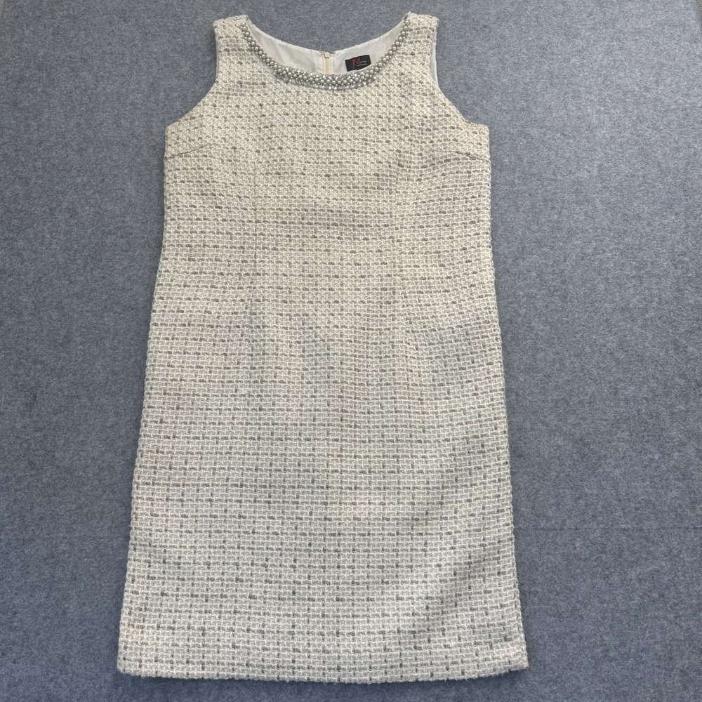 JM STUDIOS WHITE TWEED BOUCLE RHINESTONE PEARL MINI DRESS SIZE 18